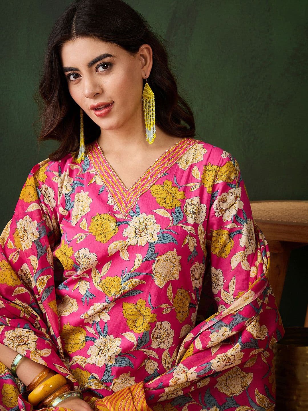 Sangria Floral Printed Sequinned Pure Cotton Straight Kurta & Trouser With Dupatta - view 1