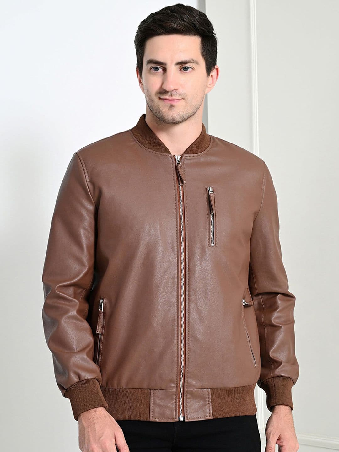 TBOJ Men Stand Collar Solid Casual Biker Jacket - view 1