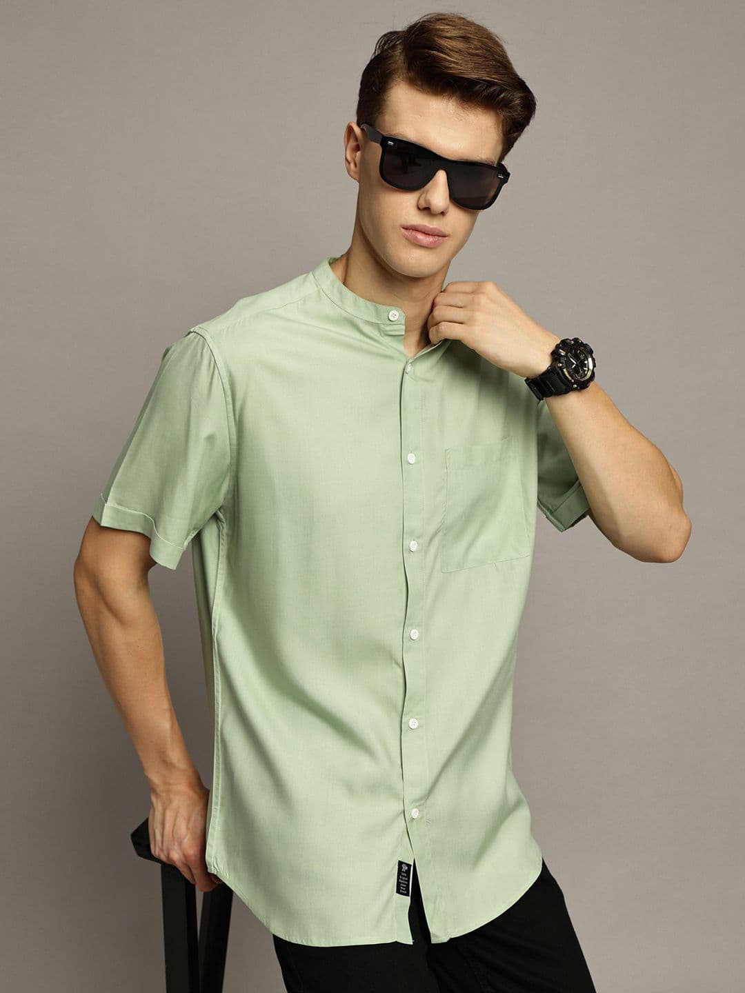 The Roadster Lifestyle Co. Men Premium Band Collar Solid Cotton Casual Shirt - view 1