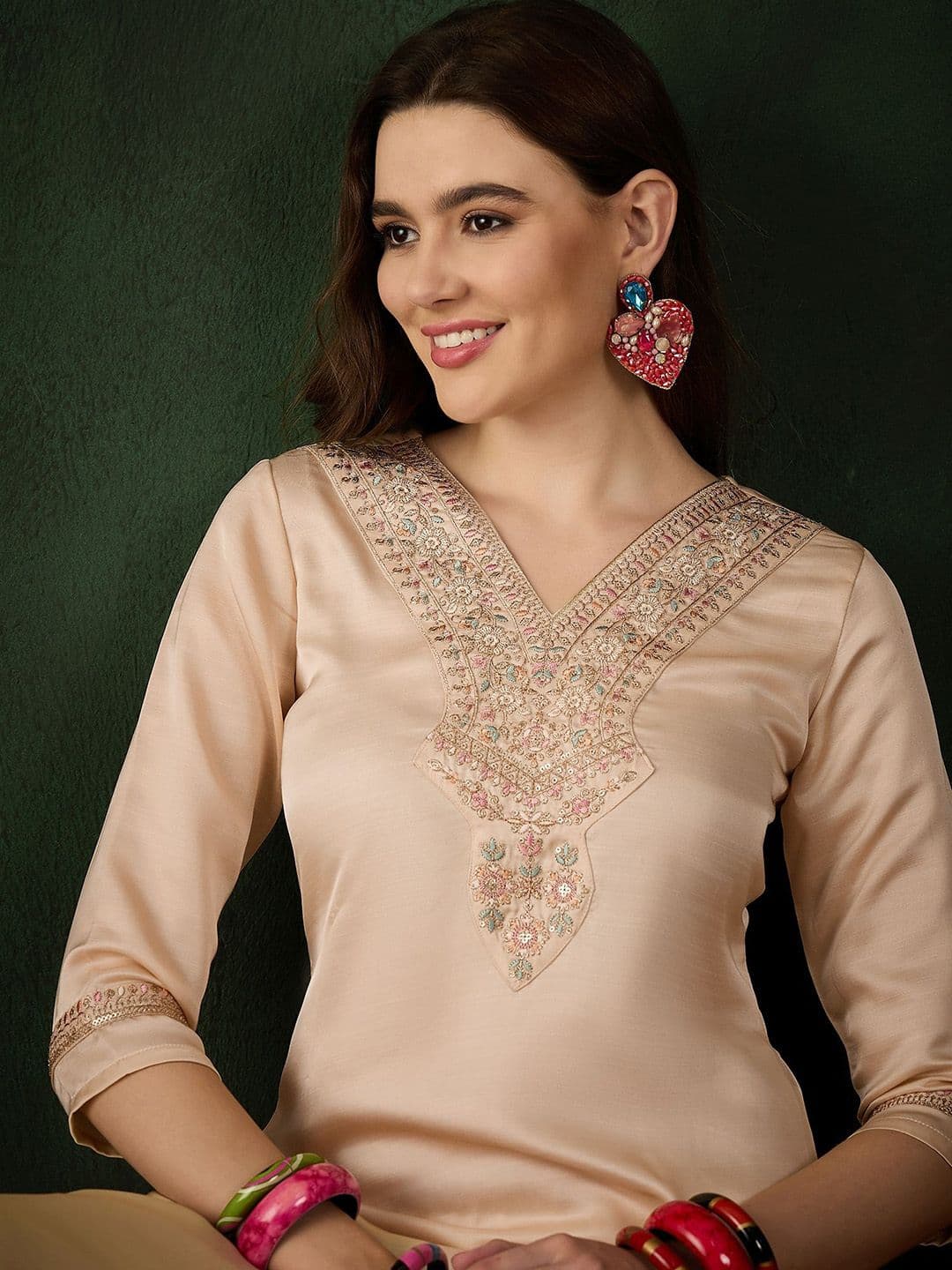 Sangria Ethnic Motifs Yoke Design Sequinned V-Neck Straight Kurta With Trouser - view 1