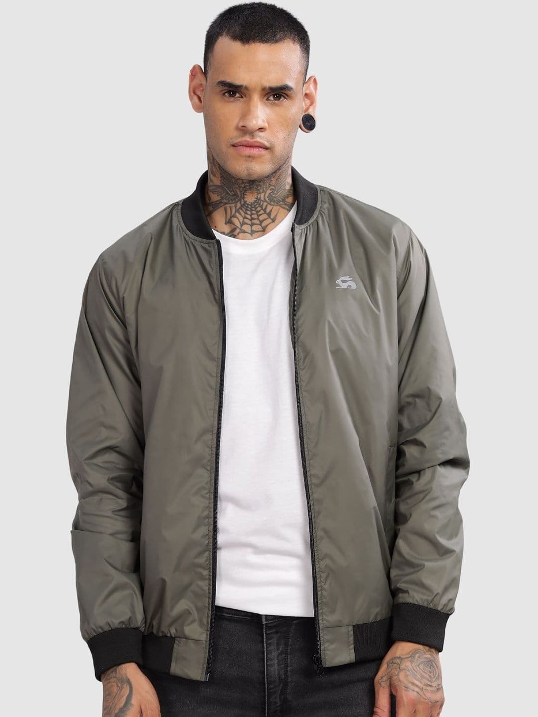 ADRO Men Stand Collar Solid Casual Bomber Jacket