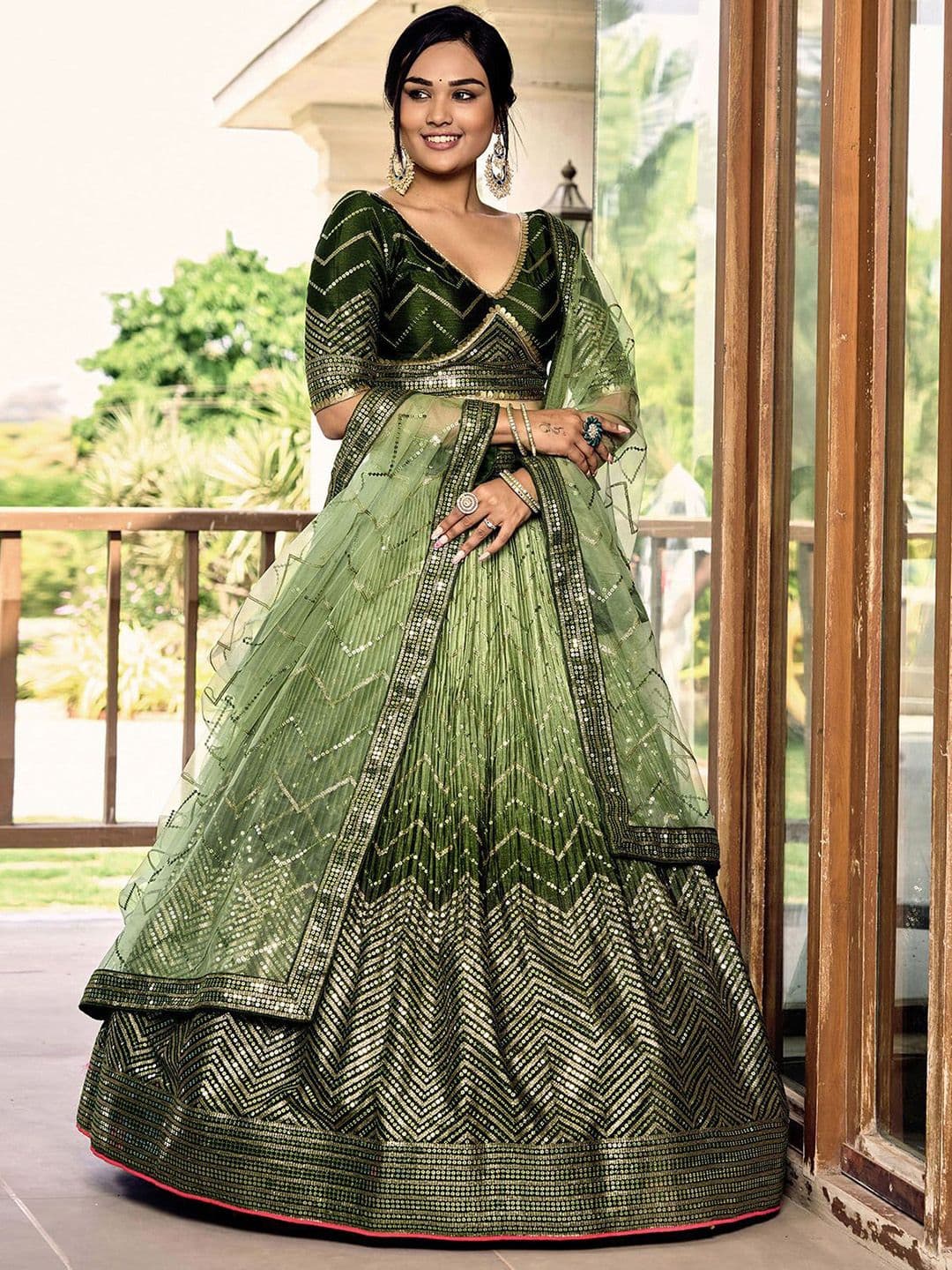 ODETTE Chinon Embellished Sequinned Embroidered Silk Lehenga Choli With Dupatta - view 1