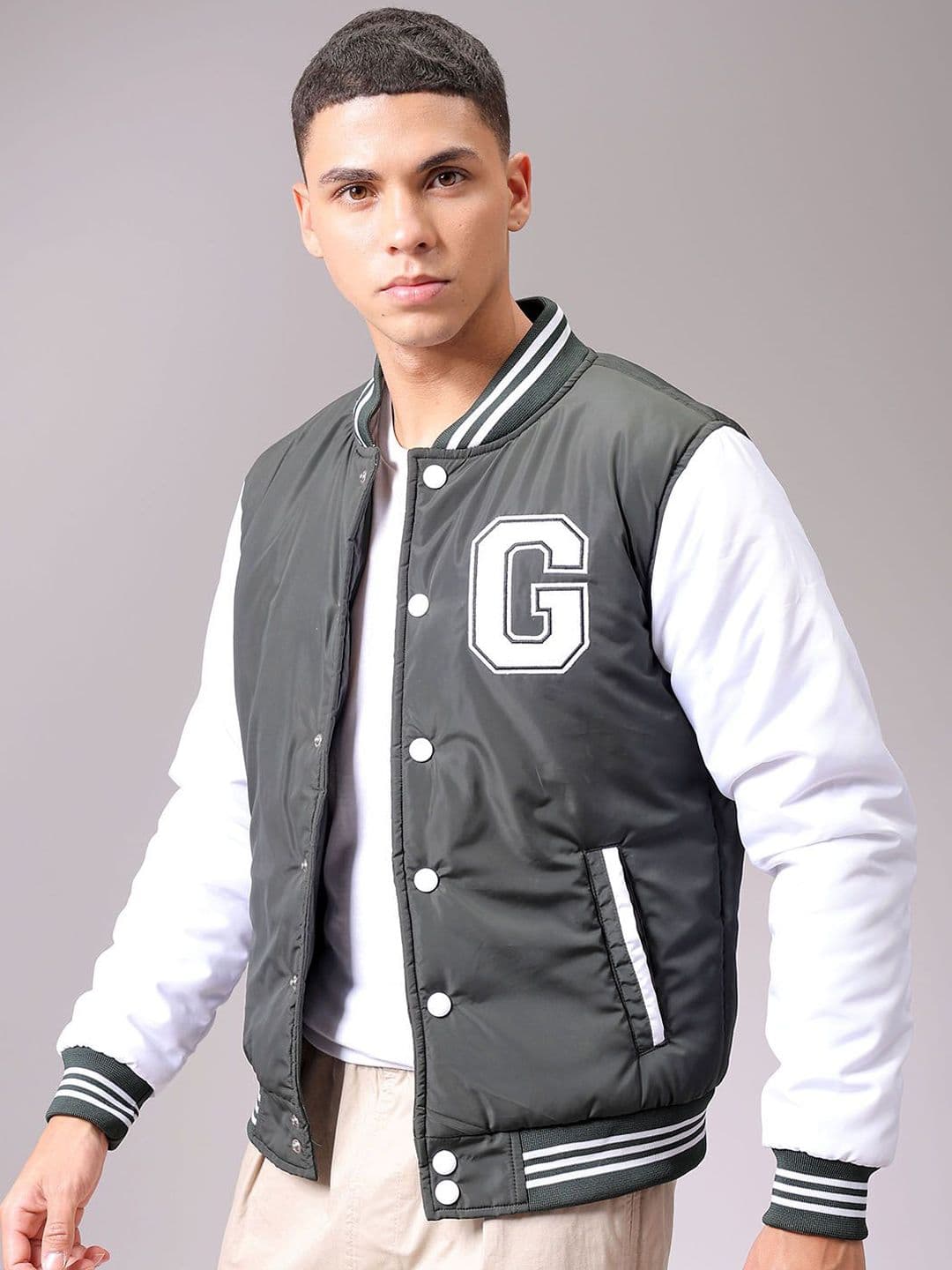 The Indian Garage Co Men Stand Collar Typography Printed Casual Varsity Jacket - view 1