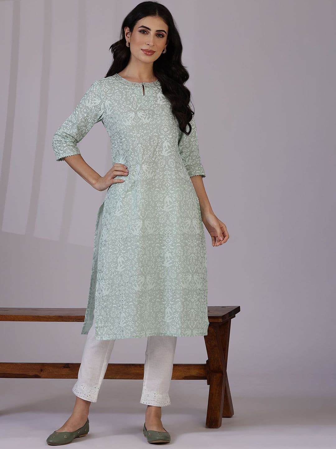 W Green Floral Printed Keyhole Neck Three-Quarter Sleeves Regular Pure Cotton Kurta - view 1