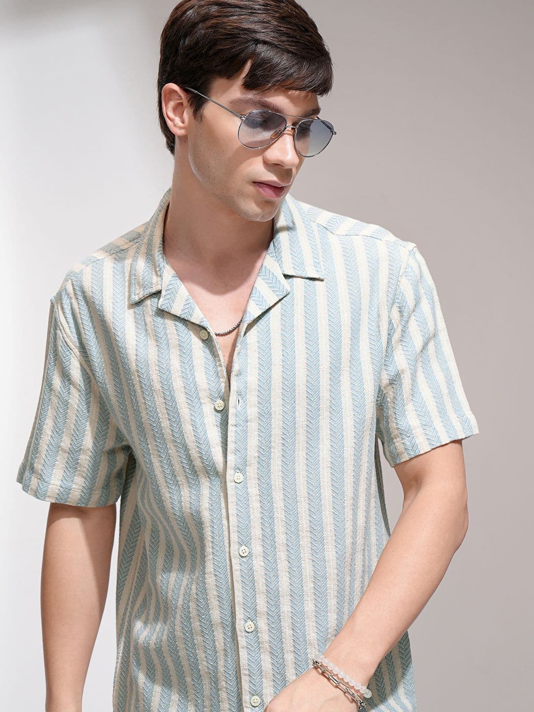 Highlander Men Chenile Yarn Textured Striped Casual Shirt - view 1