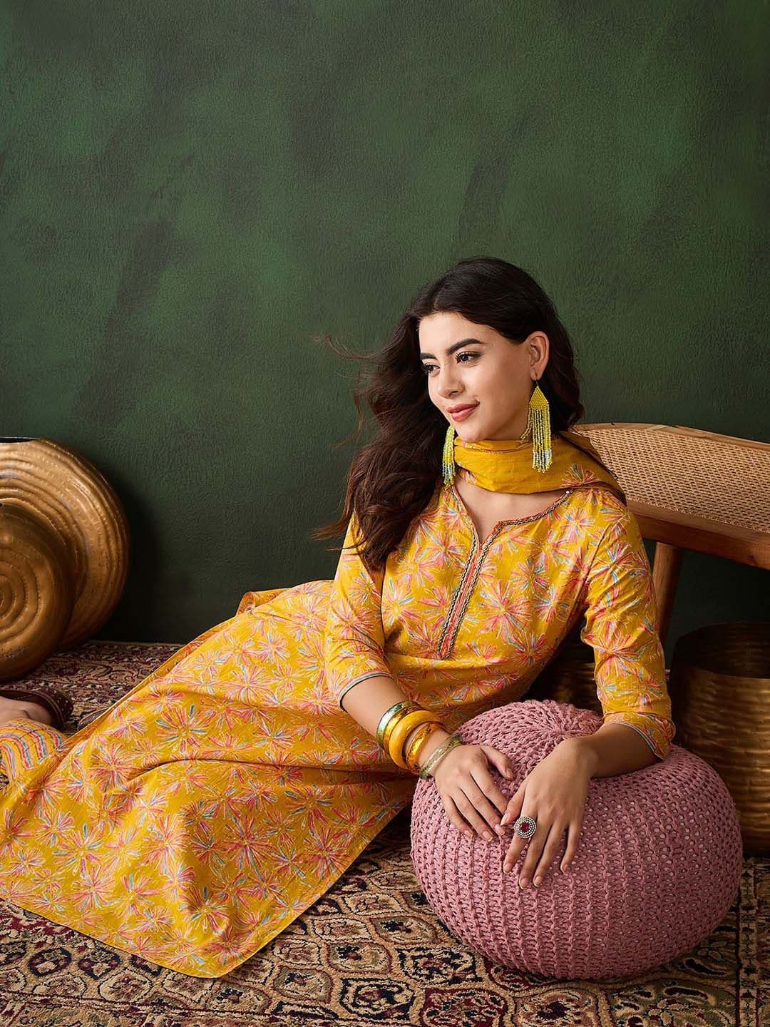 Sangria Floral Printed Sequinned V-Neck Straight Kurta & Trouser With Dupatta - view 1