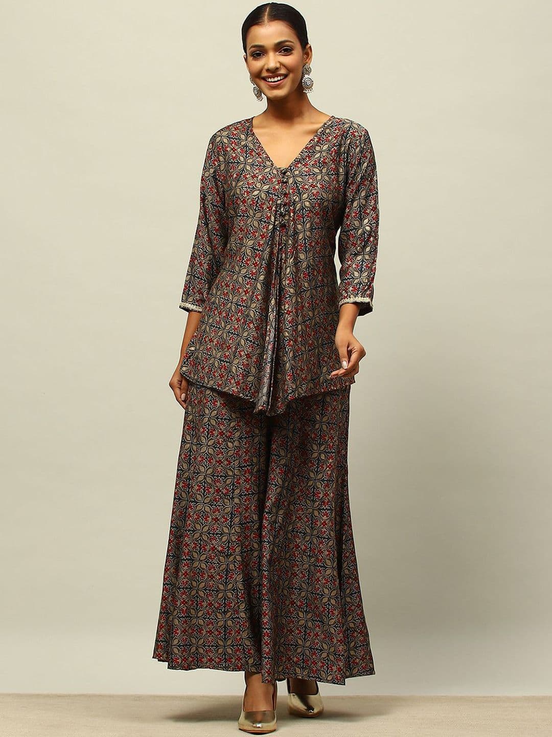Rangriti Ethnic Motifs Printed Pleated V-Neck A-Line Kurti With Palazzo - view 1
