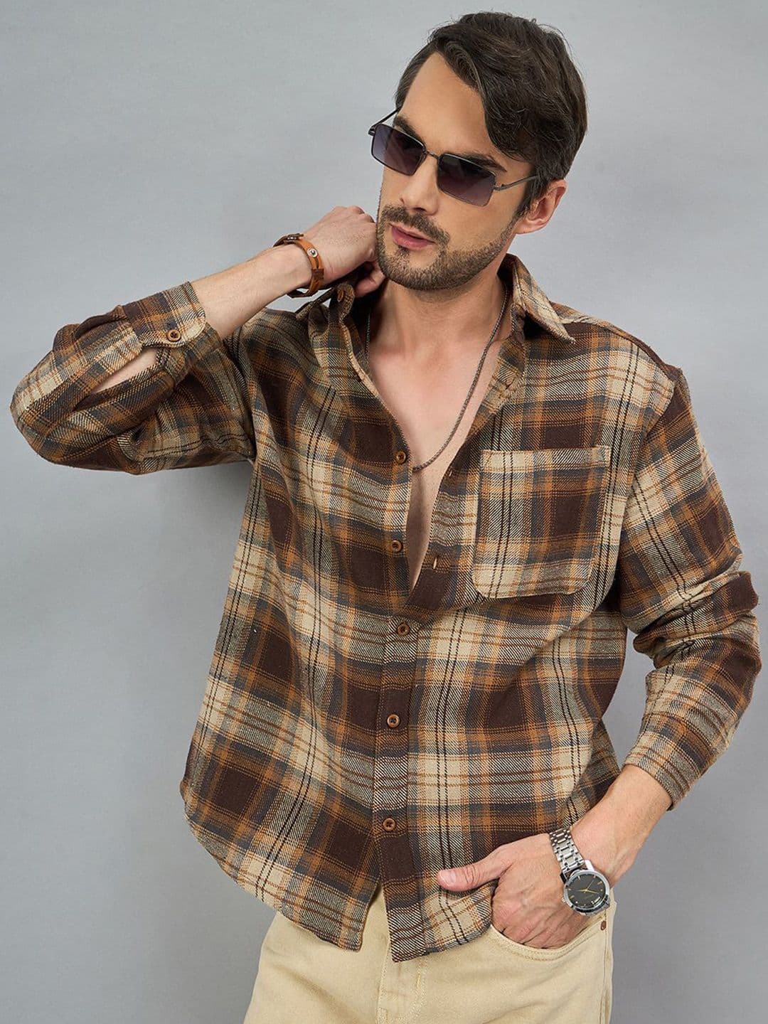 CHIMPAAANZEE Men Spread Collar Tartan Checked Oversized Casual Shirt - view 1