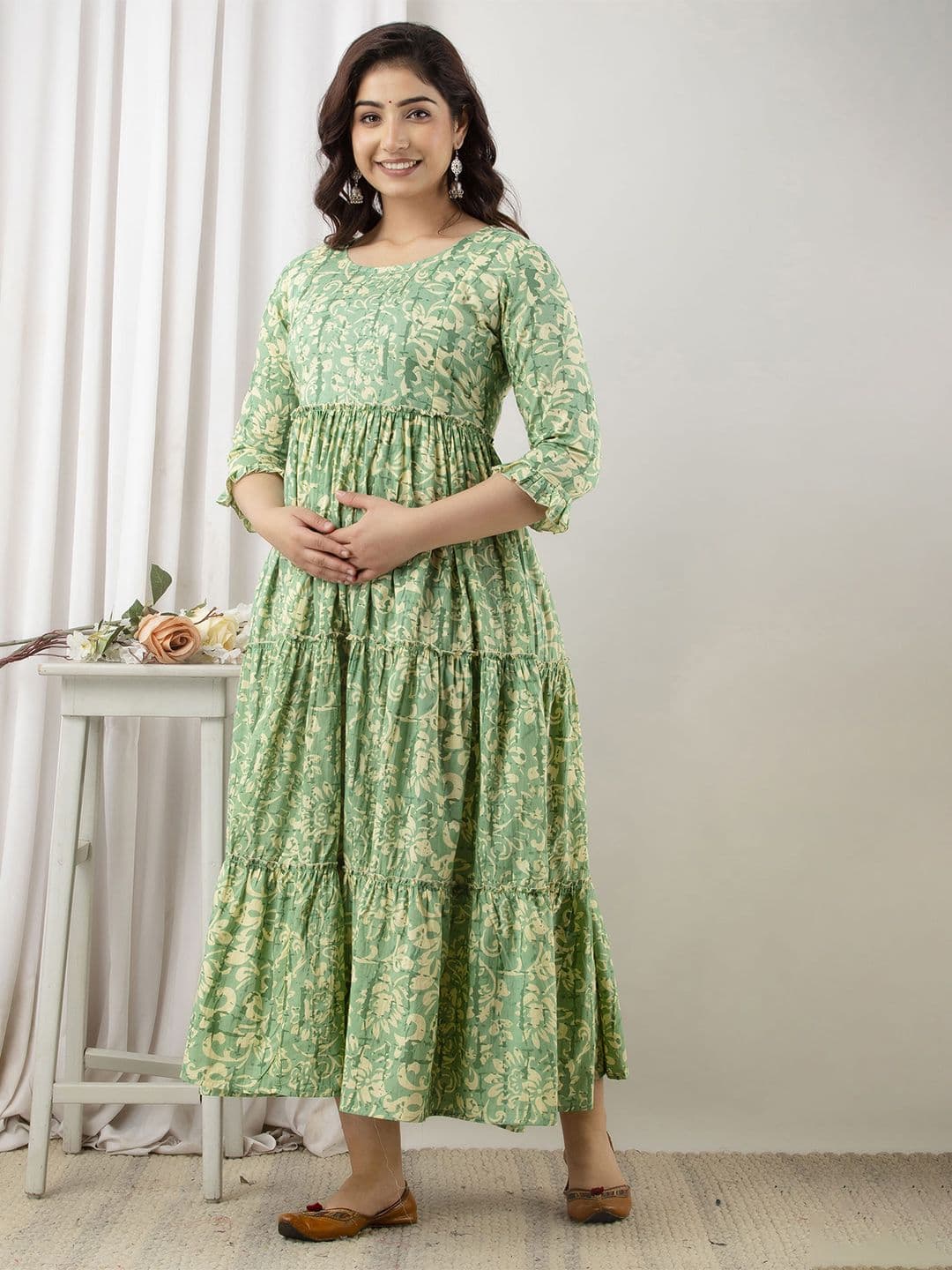 VARICOS Floral Printed Tiered Pure Cotton A-Line Maternity Dress - view 1