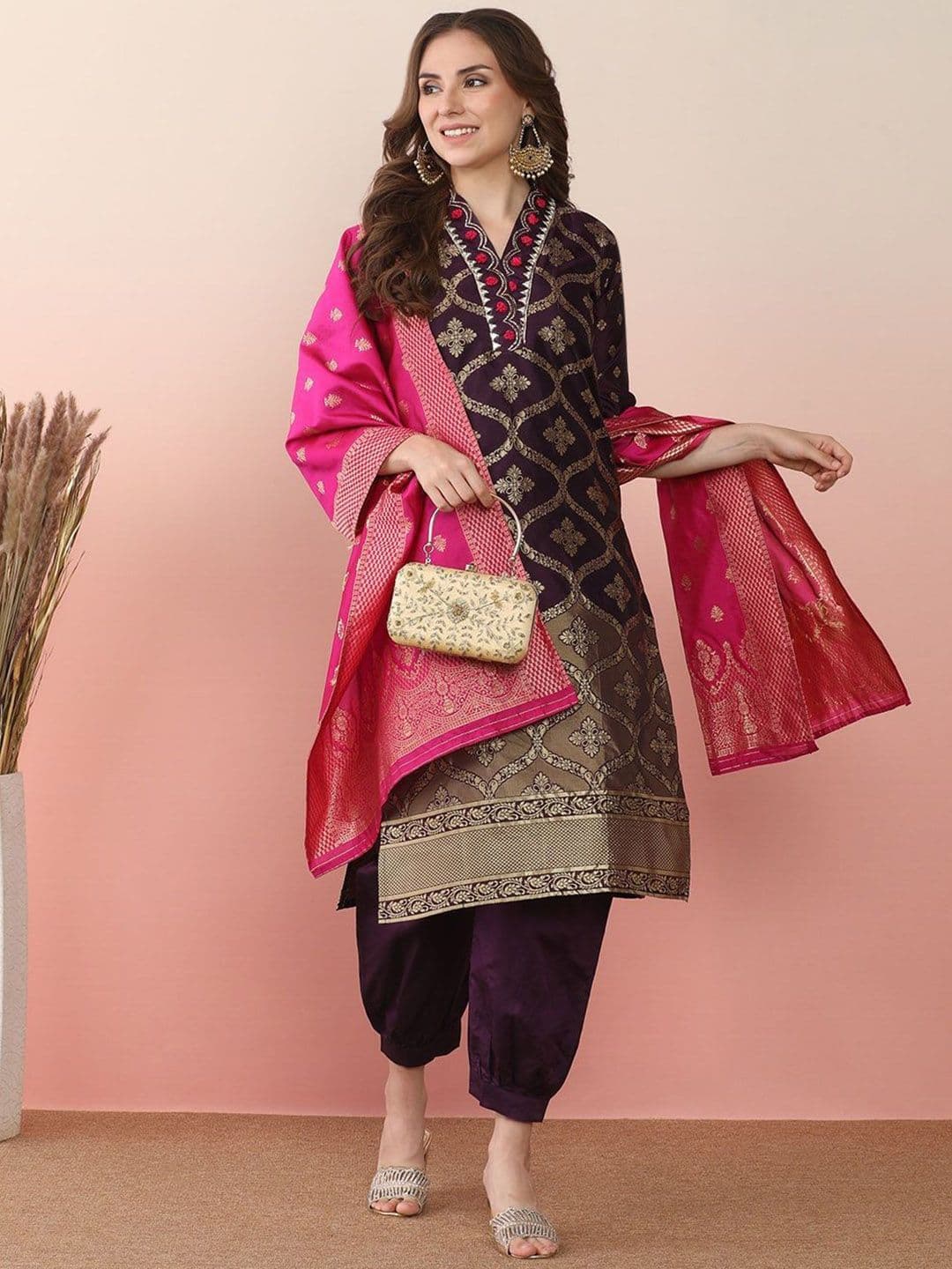 Sangria Woven Design Embroidered Banarasi Straight Kurta With Salwar & Dupatta - view 1