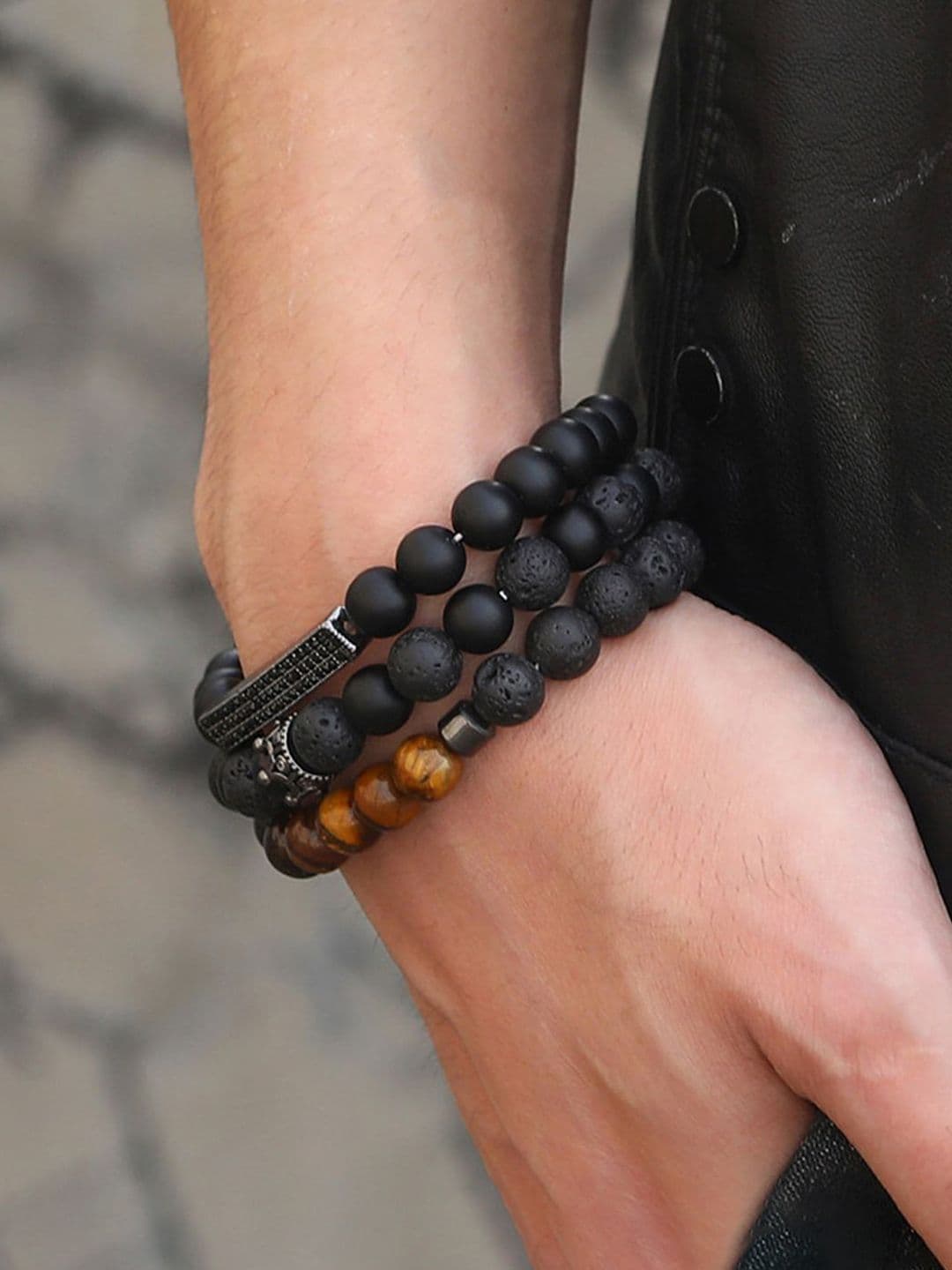 Designs & You Men Set Of 3 Silver-Plated Beaded Elasticated Bracelet - view 1