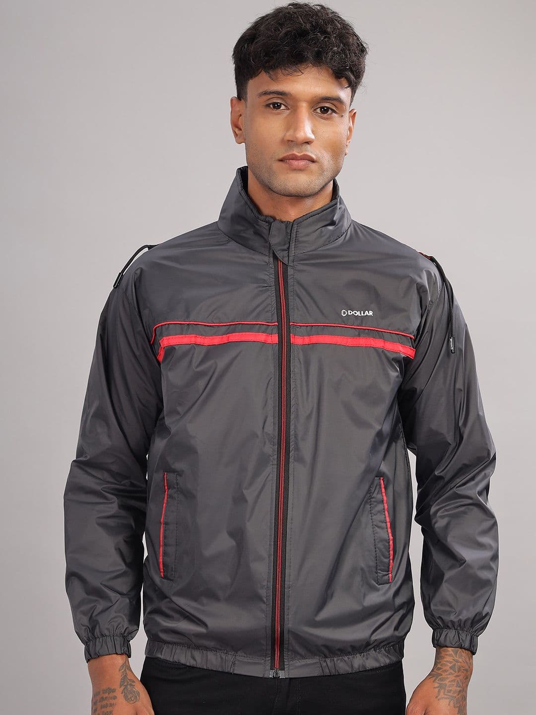 Dollar Men Mock Collar Striped Casual Bomber Jacket - view 1