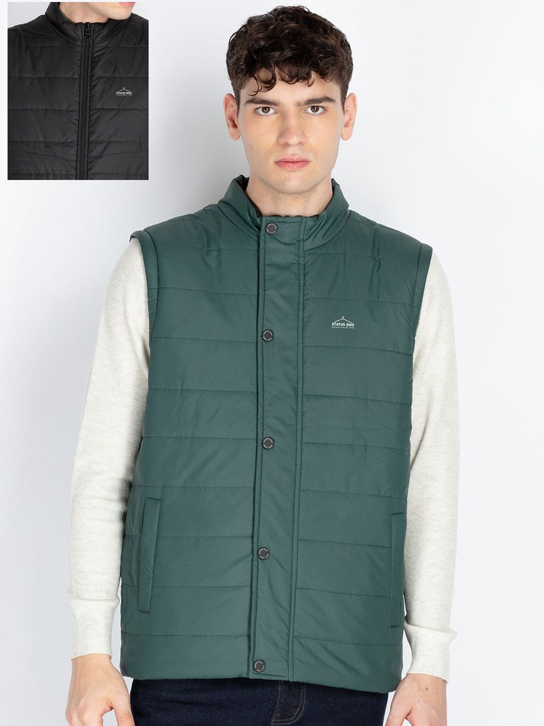 Status Quo Men Mock Collar Solid Casual Padded Reversible Jacket - view 1