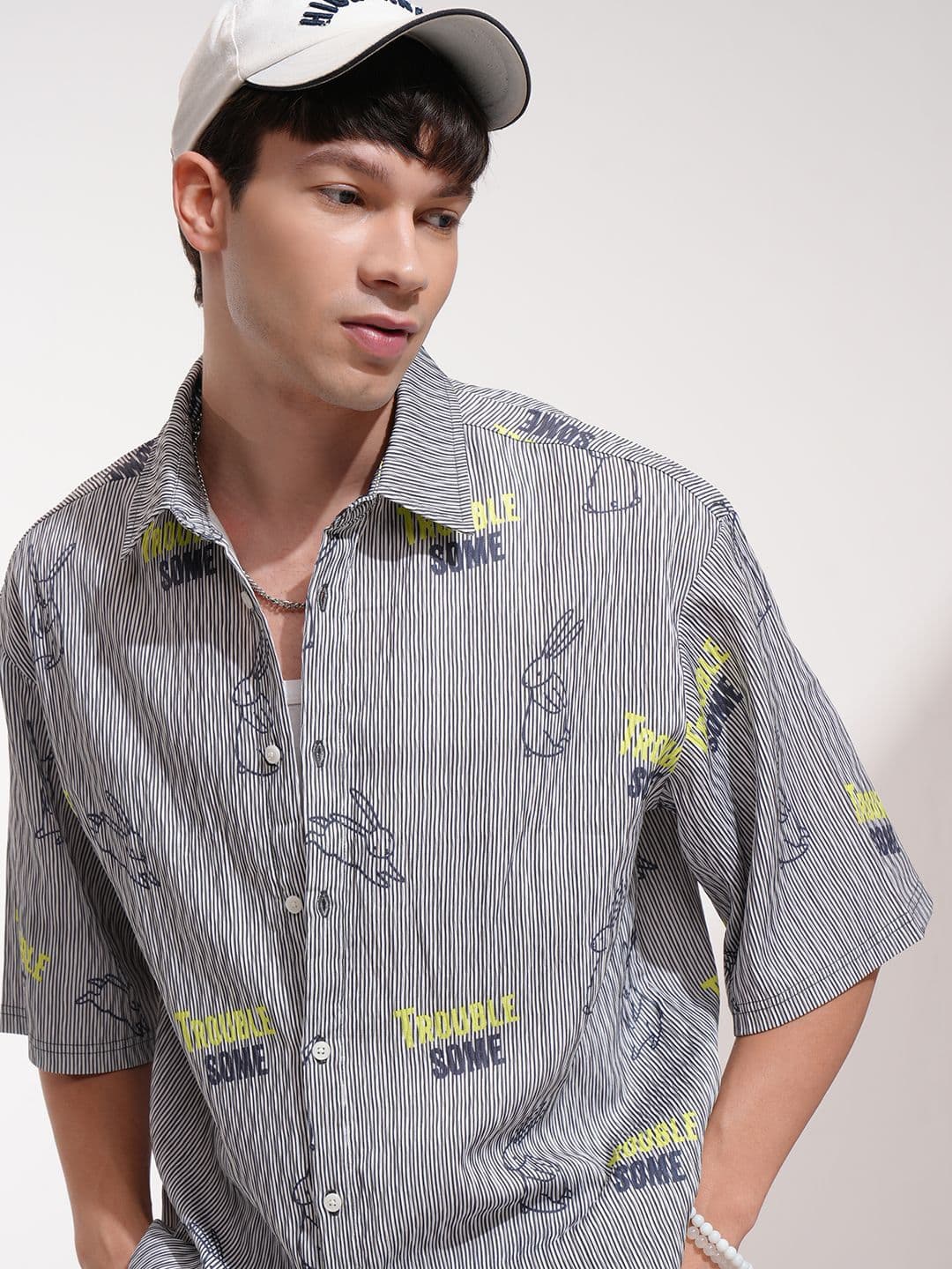 Highlander Men Popcorn Textured Printed Elbow Sleeve Oversized Shirt - view 1