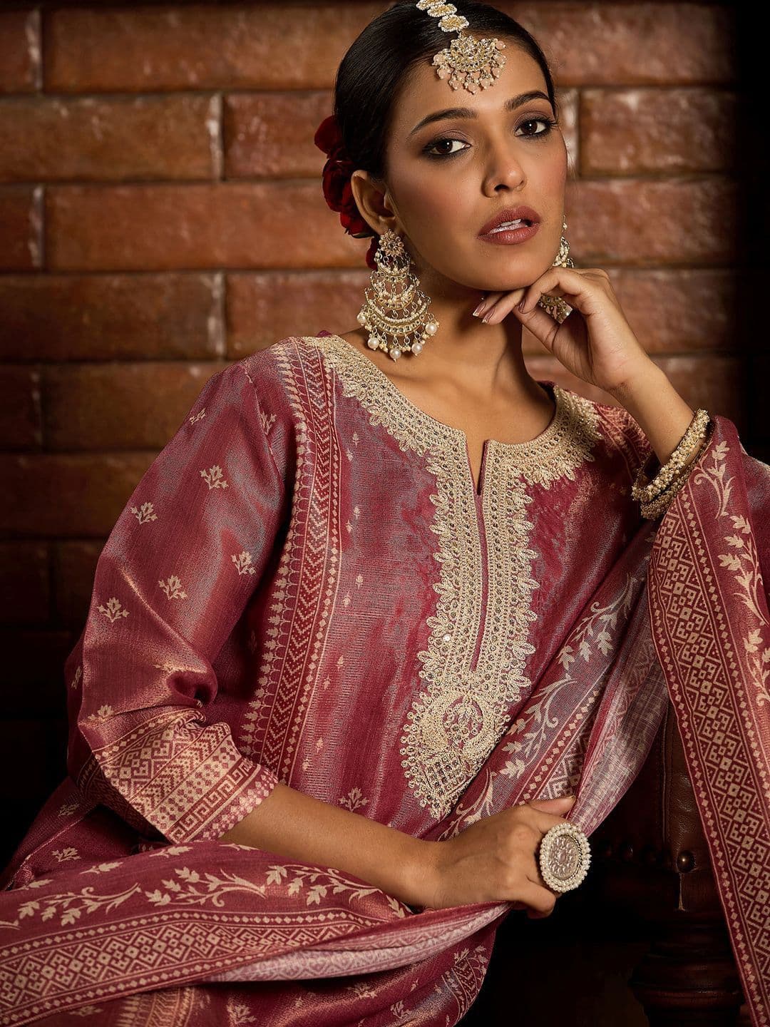 Indo Era Floral Zari Embroidered Straight Kurta with Trouser & Dupatta - view 1