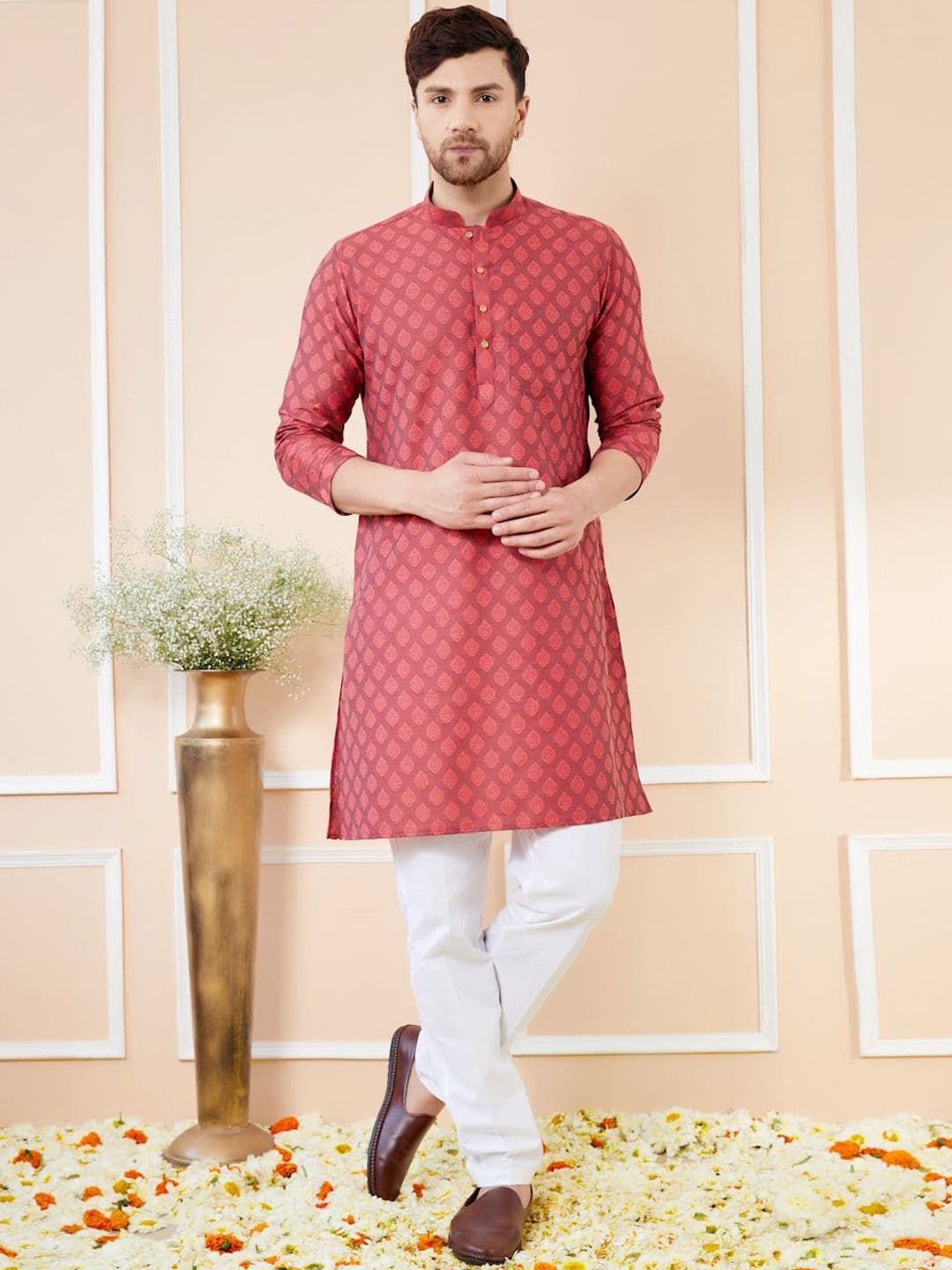 See Designs Ethnic Motifs Woven Design Mandarin Collar Silk Jacquard Straight Kurta - view 1