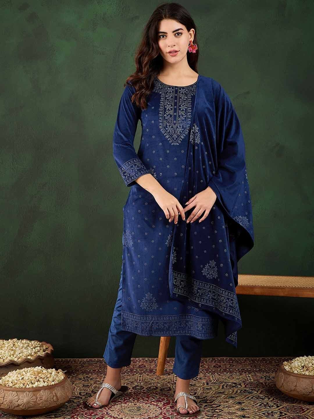 Sangria Floral Printed Winter Velvet Straight Kurta & Trouser With Dupatta - view 1