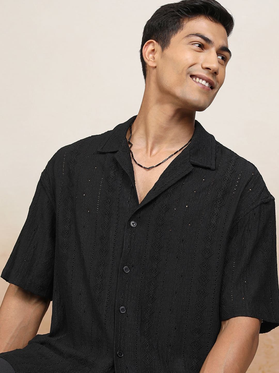 LOCOMOTIVE Men Cuban Collar Textured Solid Oversized Casual Shirt - view 1