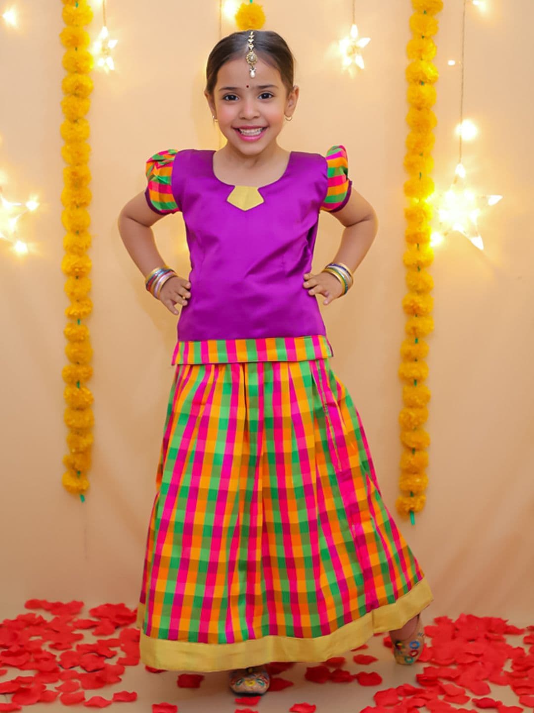 BownBee Girls Woven Design Ready to Wear Pavda Pattu Lehenga & Blouse - view 1