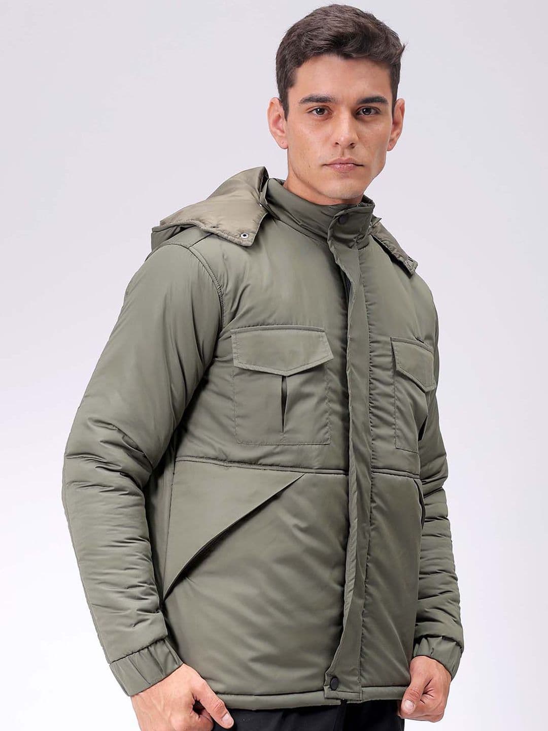 The Indian Garage Co Men Olive Solid Hooded Neck Padded Parka Jacket - view 1