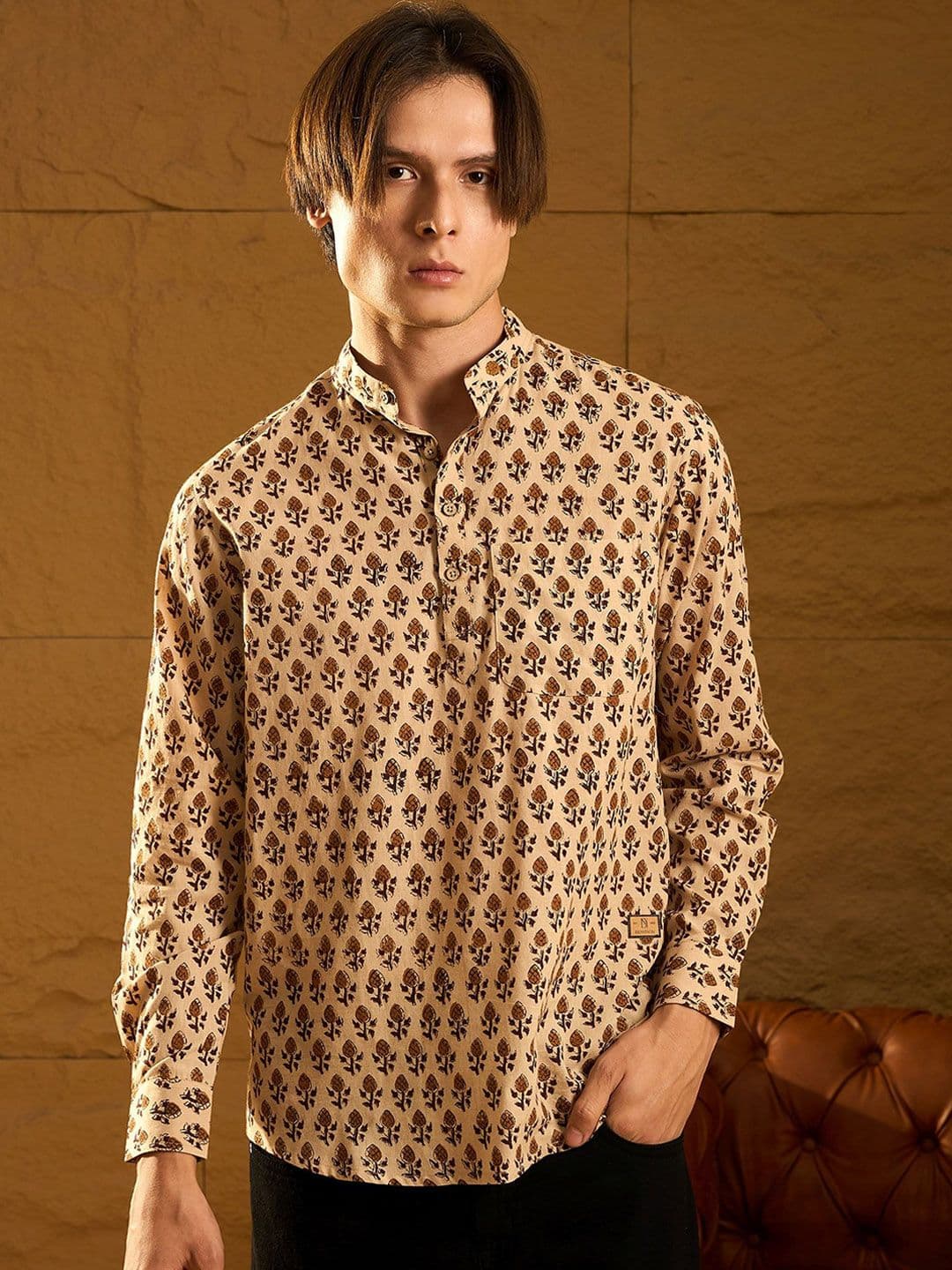 DENNISON Floral Block Printed Mandarin Collar Cotton Short Kurta - view 1