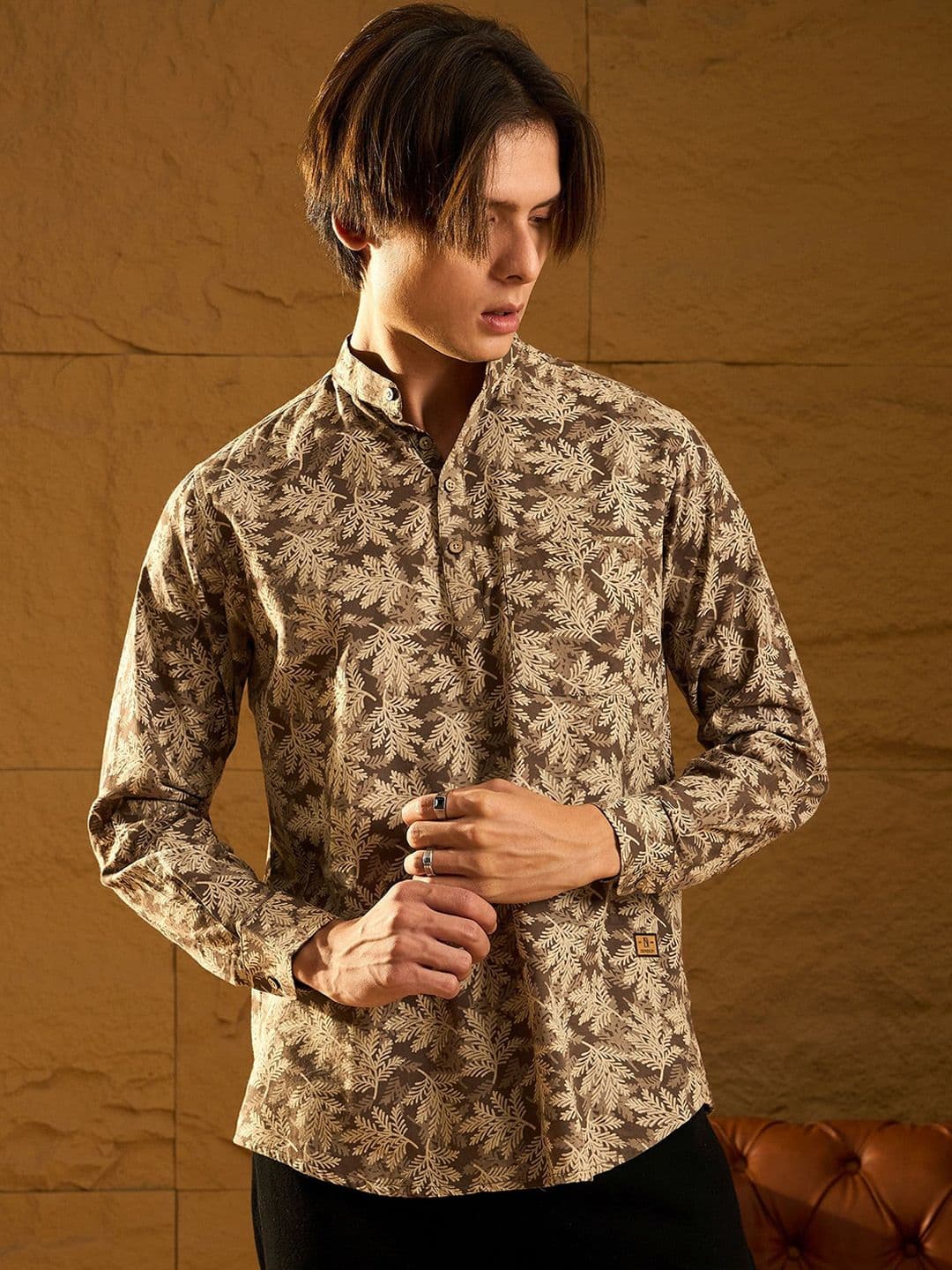 DENNISON Floral Block Printed Mandarin Collar Cotton Short Kurta - view 1