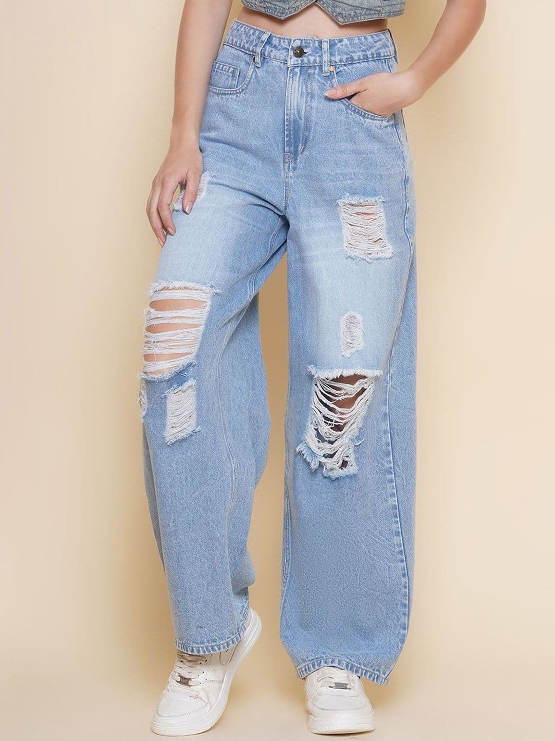 PUELLA Women Cotton Flared High-Rise Highly Distressed Light Fade Jeans - view 1
