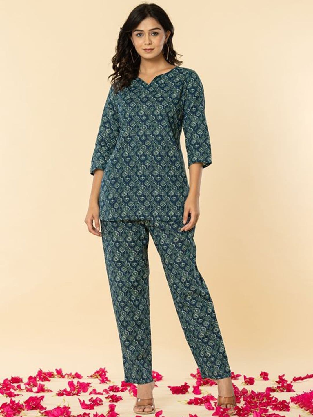 Haute and Humble Printed Round Neck Pure Cotton Top With Trouser - view 1
