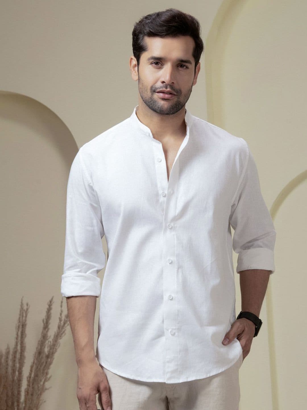 Perch Men White Linen Cotton Band Collar Solid Shirt - view 1