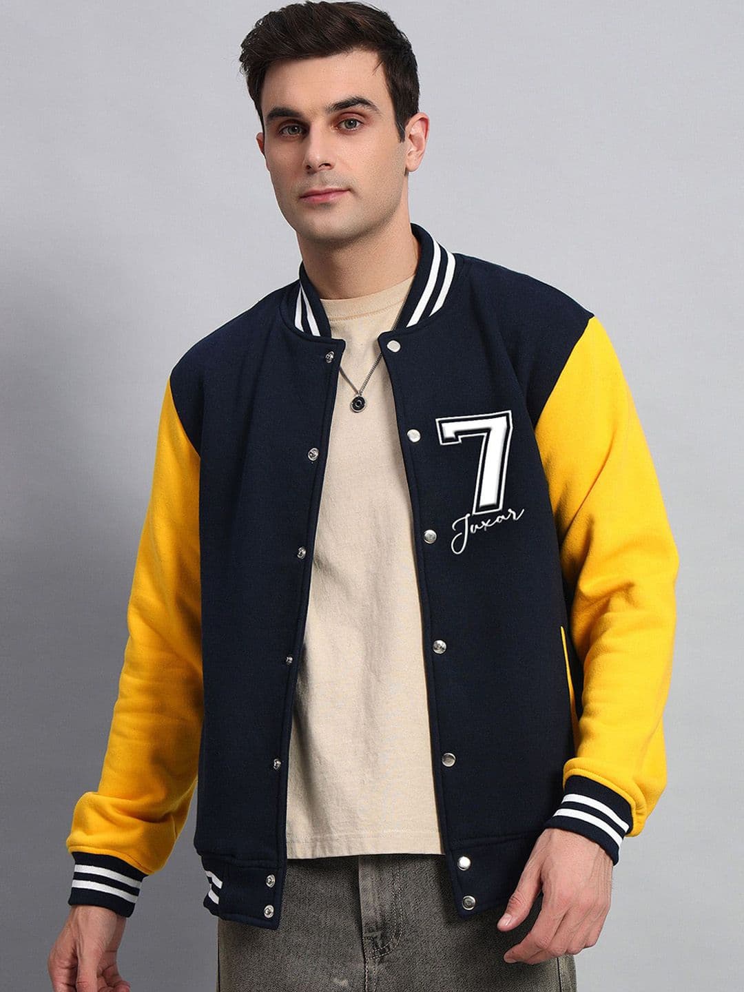 Juxar Men Stand Collar Colourblocked Cotton Casual Varsity Jacket - view 1