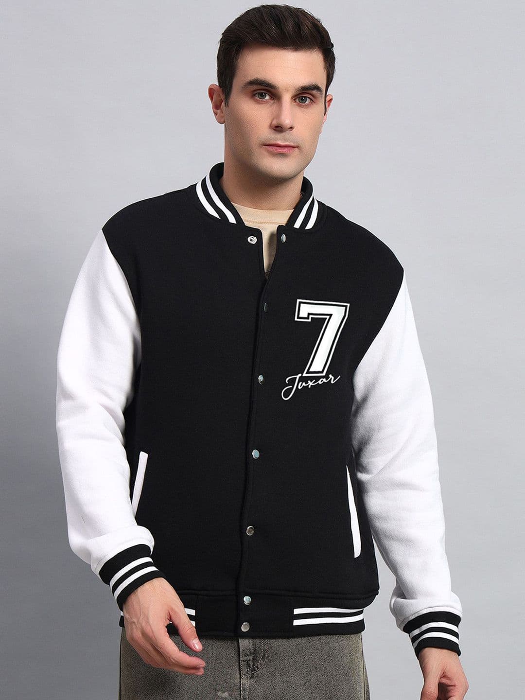 Juxar Men Stand Collar Colourblocked Cotton Casual Varsity Jacket - view 1