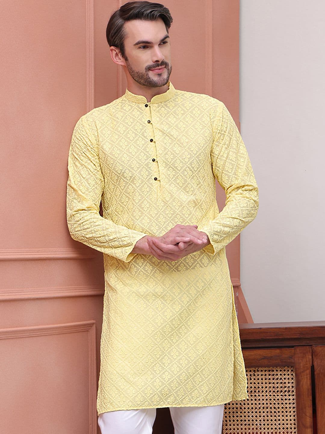 Jompers Floral Embroidered Mandarin Collar Chikankari Pure Cotton Straight Kurta - view 1