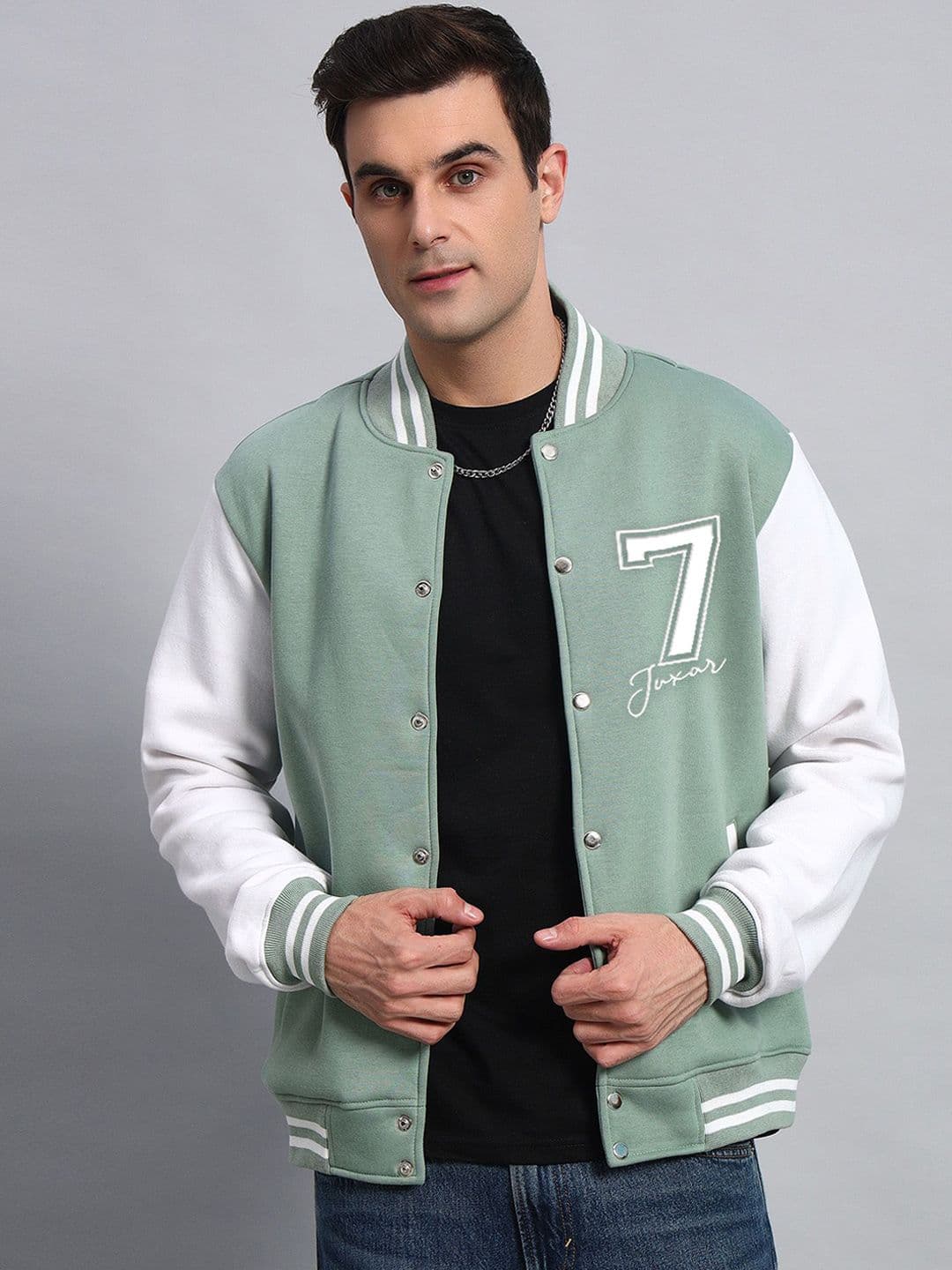 Juxar Men Stand Collar Colourblocked Cotton Casual Varsity Jacket - view 1