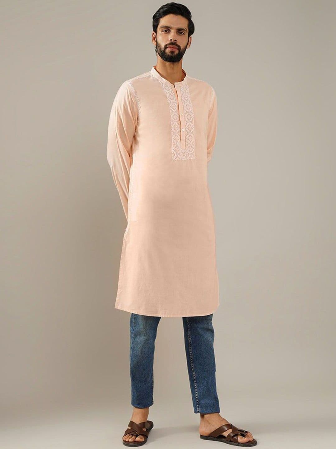 JAYPORE Embroidered Thread Work Band Collar Cotton Straight Kurta - view 1