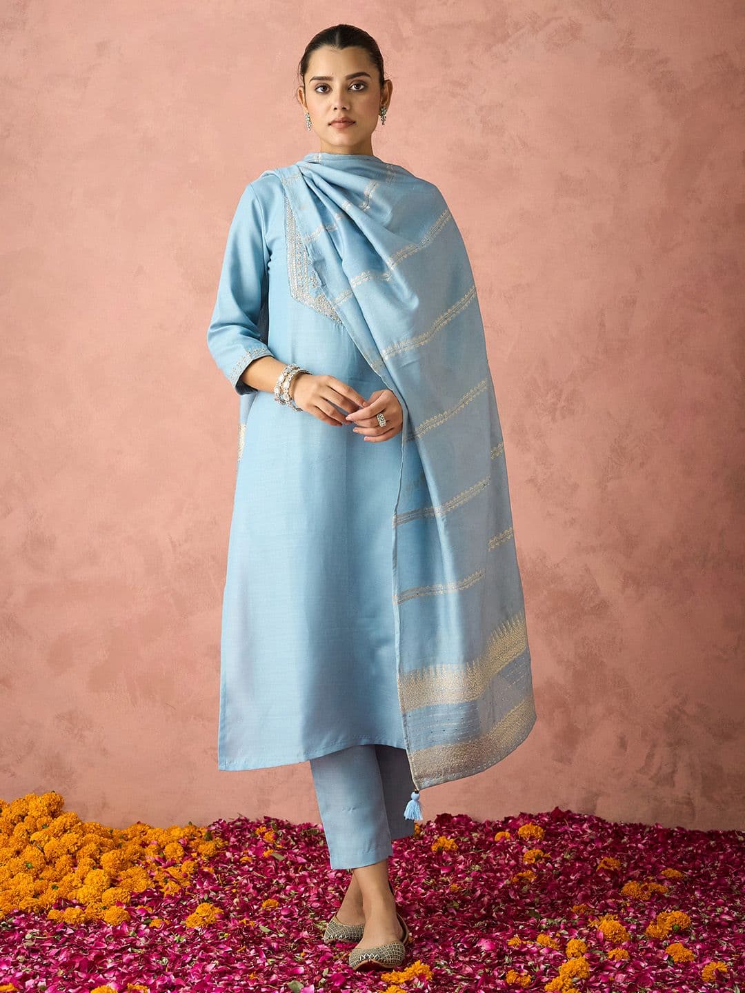KALINI Floral Yoke Design Straight Embroidered Kurta with Trousers & Dupatta - view 1