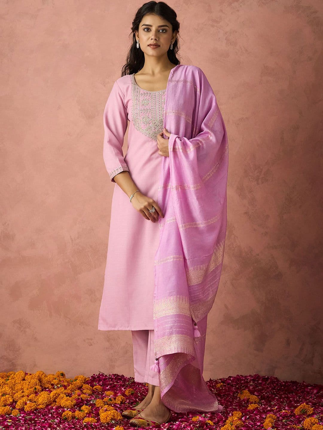KALINI Ethnic Motifs Embroidered Sequinned Straight Kurta With Trousers & Dupatta - view 1