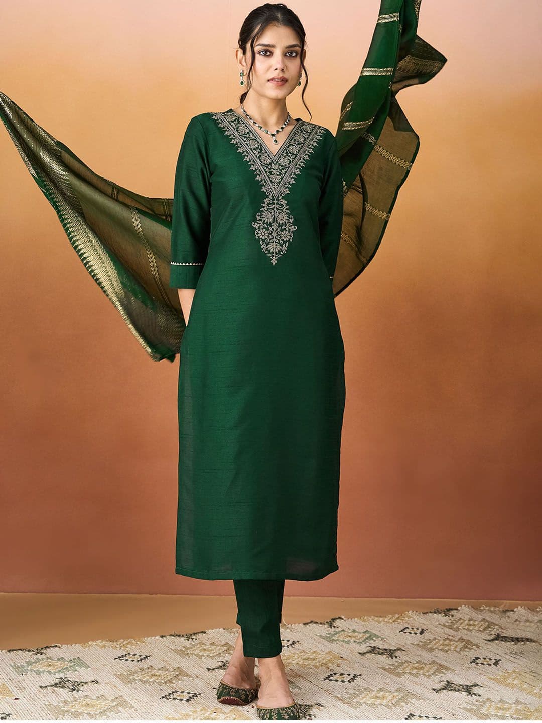 KALINI Ethnic Motifs Embroidered V-Neck Straight Kurta With Trousers & Dupatta - view 1