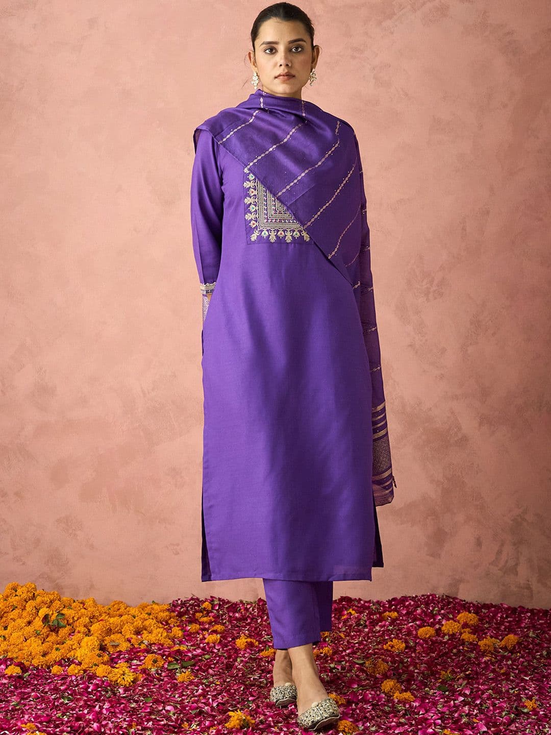 KALINI Ethnic Motifs Embroidered Straight Kurta With Trousers & Dupatta - view 1