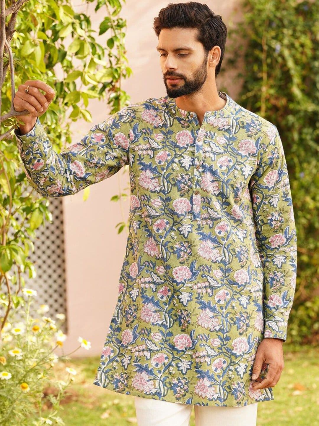 JAYPORE Floral Printed Band Collar Long Sleeves Pure Cotton Flared Kurta - view 1