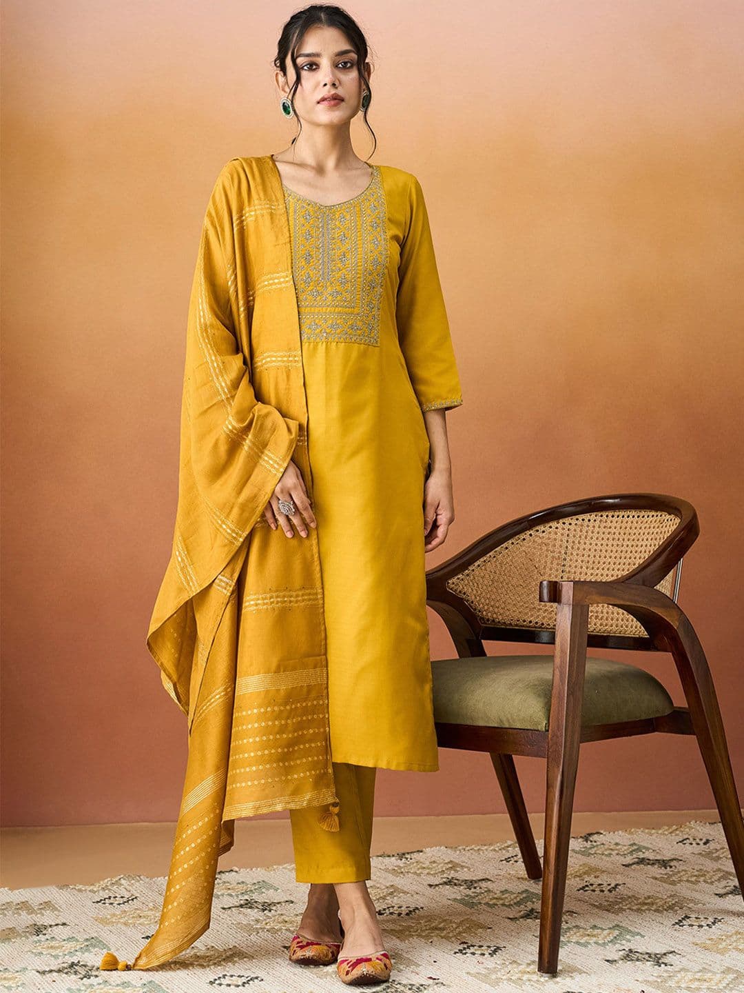 KALINI Ethnic Motifs Embroidered Straight Kurta With Trousers & Dupatta - view 1