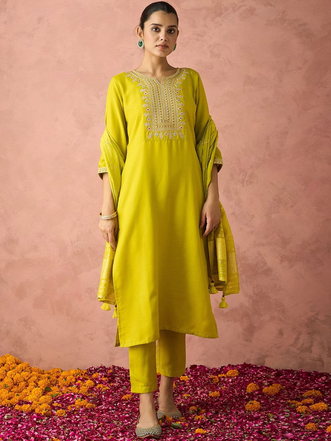 KALINI Ethnic Motifs Embroidered Sequinned Straight Kurta With Trouser & Dupatta - view 1