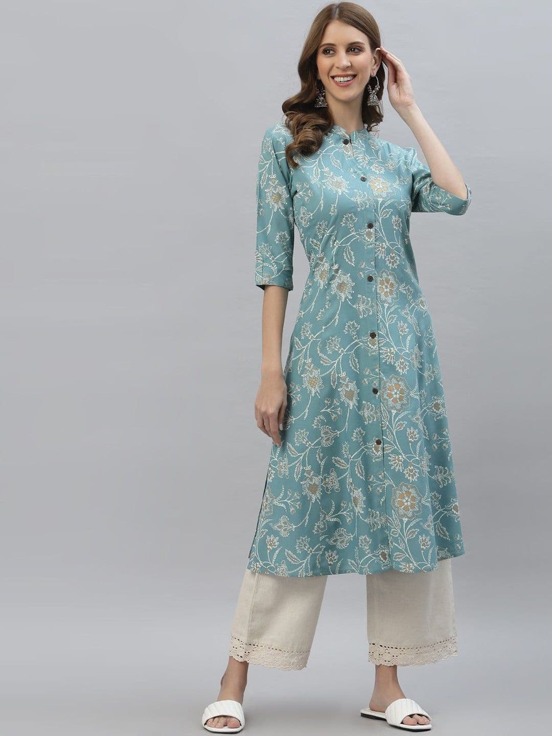 JAI KURTIES Floral Printed Sequinned Mandarin Collar A-Line Kurta - view 1
