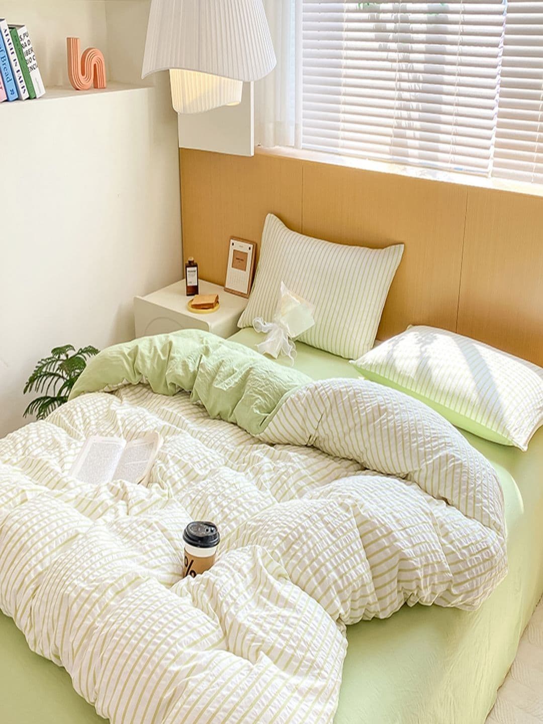 JC HOME Green & White Striped 4 Piece Double King Regular Bedding Set - view 1
