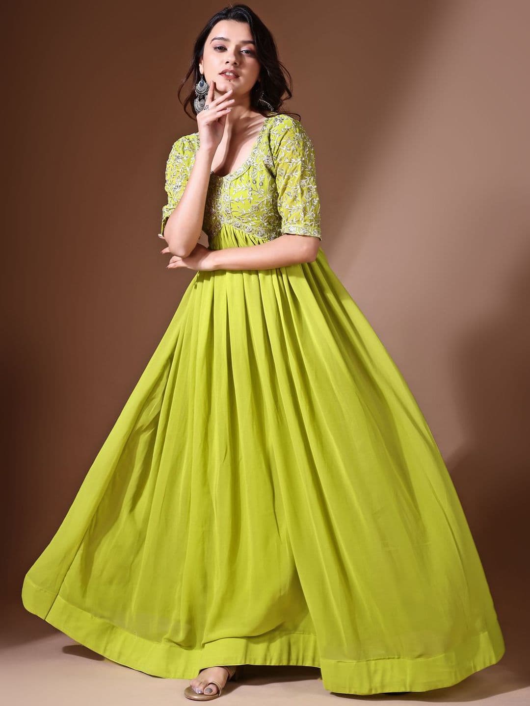 KALINI Floral Embroidered Round Neck Gathered Georgette Fit & Flare Maxi Ethnic Dress - view 1