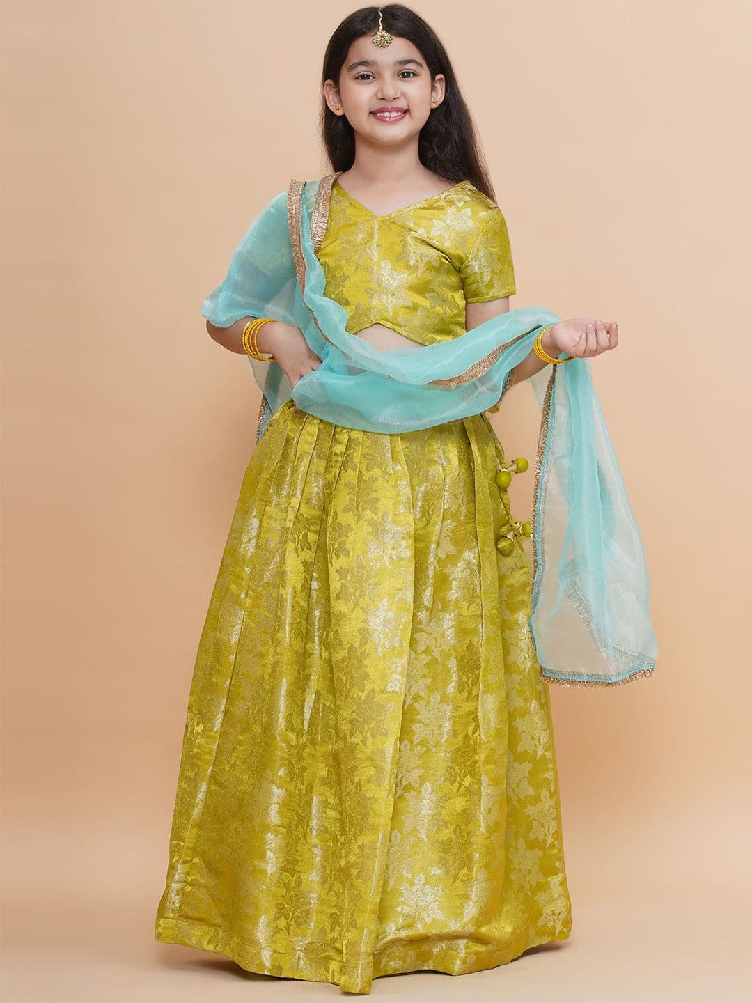 PICCOLO Girls Woven Design V-Neck Silk Ready to Wear Lehenga & Blouse With Dupatta - view 1