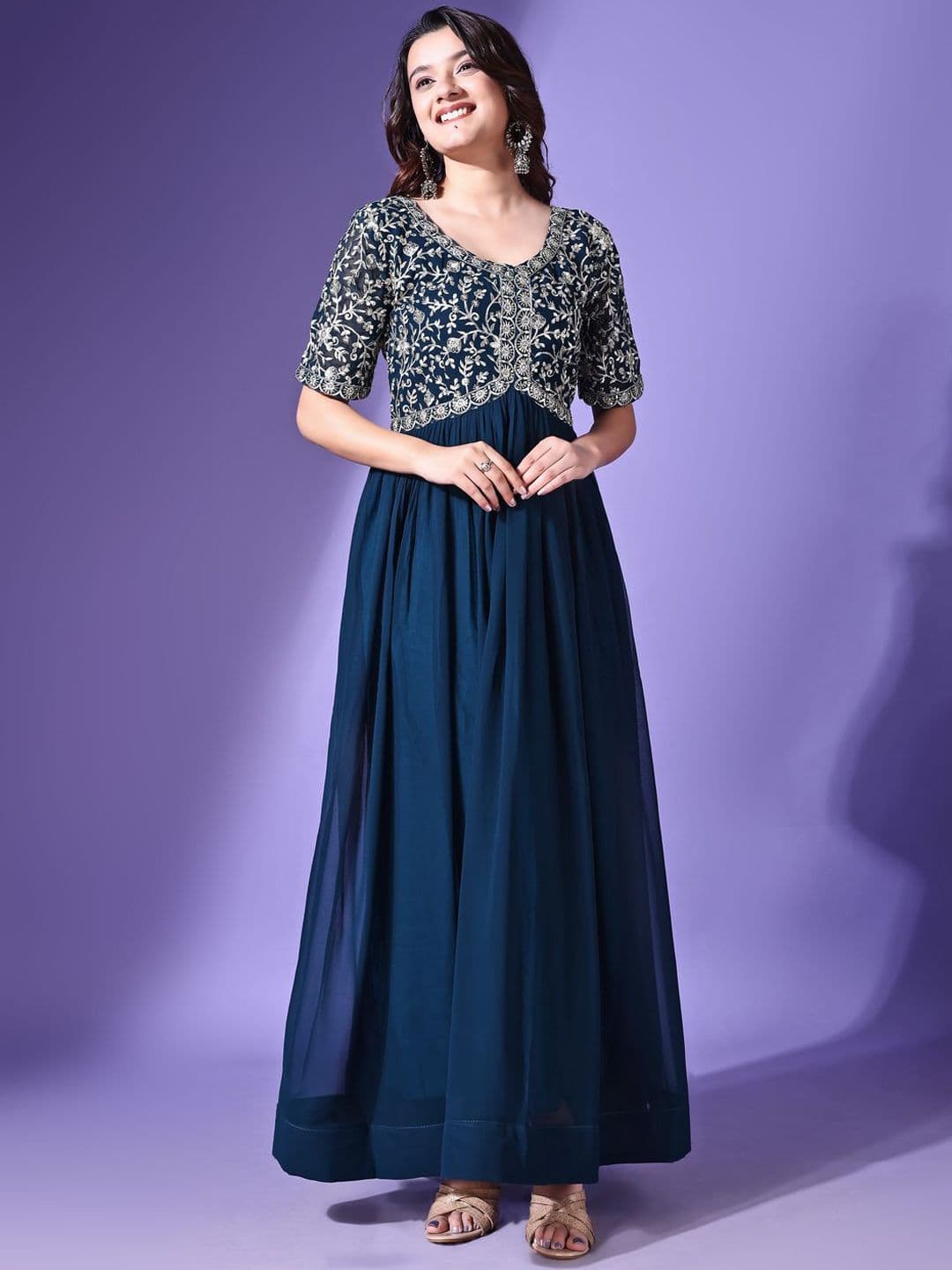 KALINI Floral Embroidered Thread Work Georgette Fit and Flare Ethnic Dress - view 1