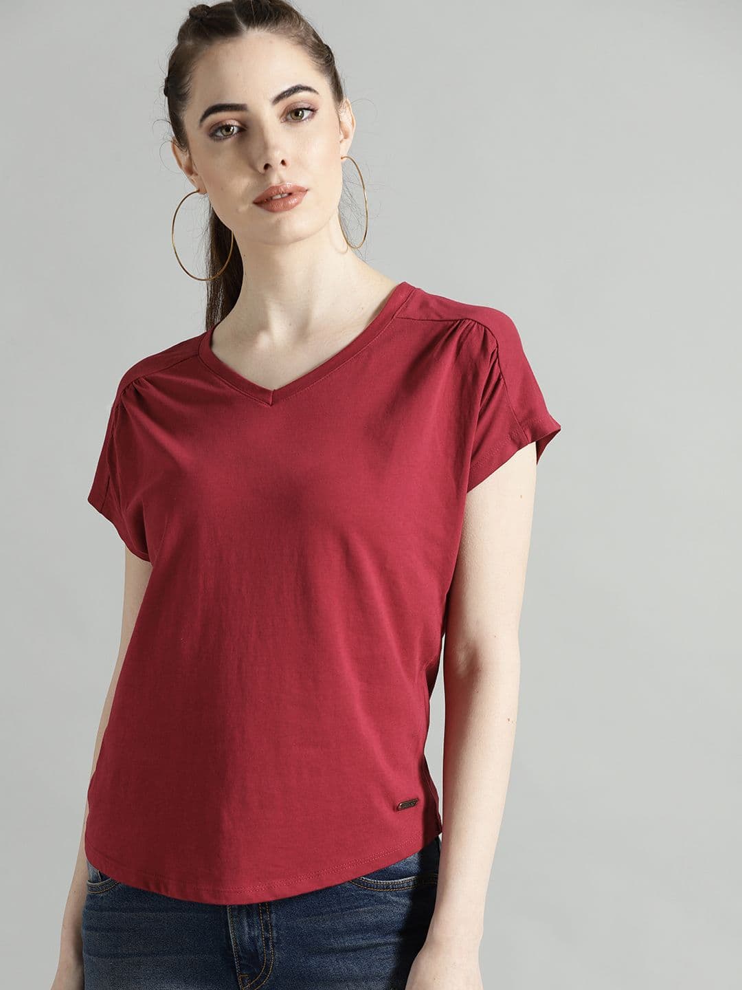Roadster Women Red Gathered Cotton Relaxed Fit T-Shirt - view 1