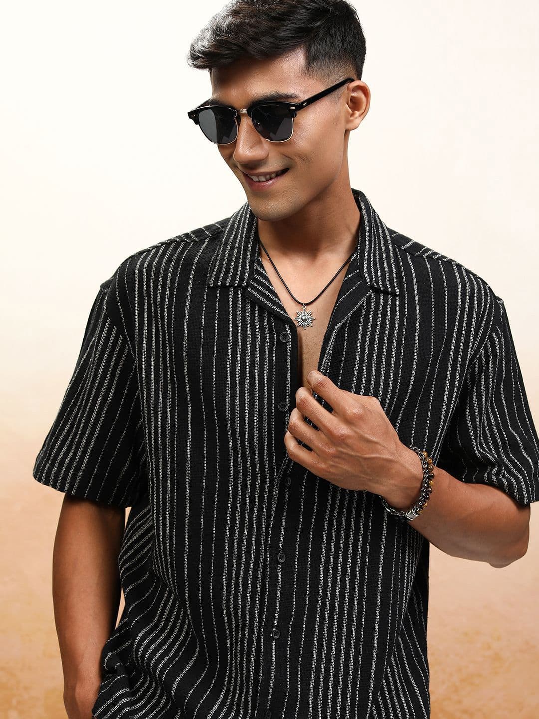 Highlander Men Ecru Textured Dobby Striped Oversized Shirt - view 1