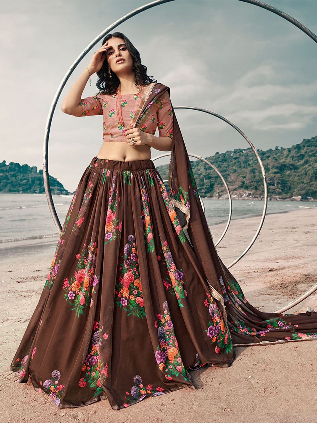 ODETTE Floral Embroidered Thread Work Organza Semi-Stitched Lehenga & Blouse With Dupatta - view 1