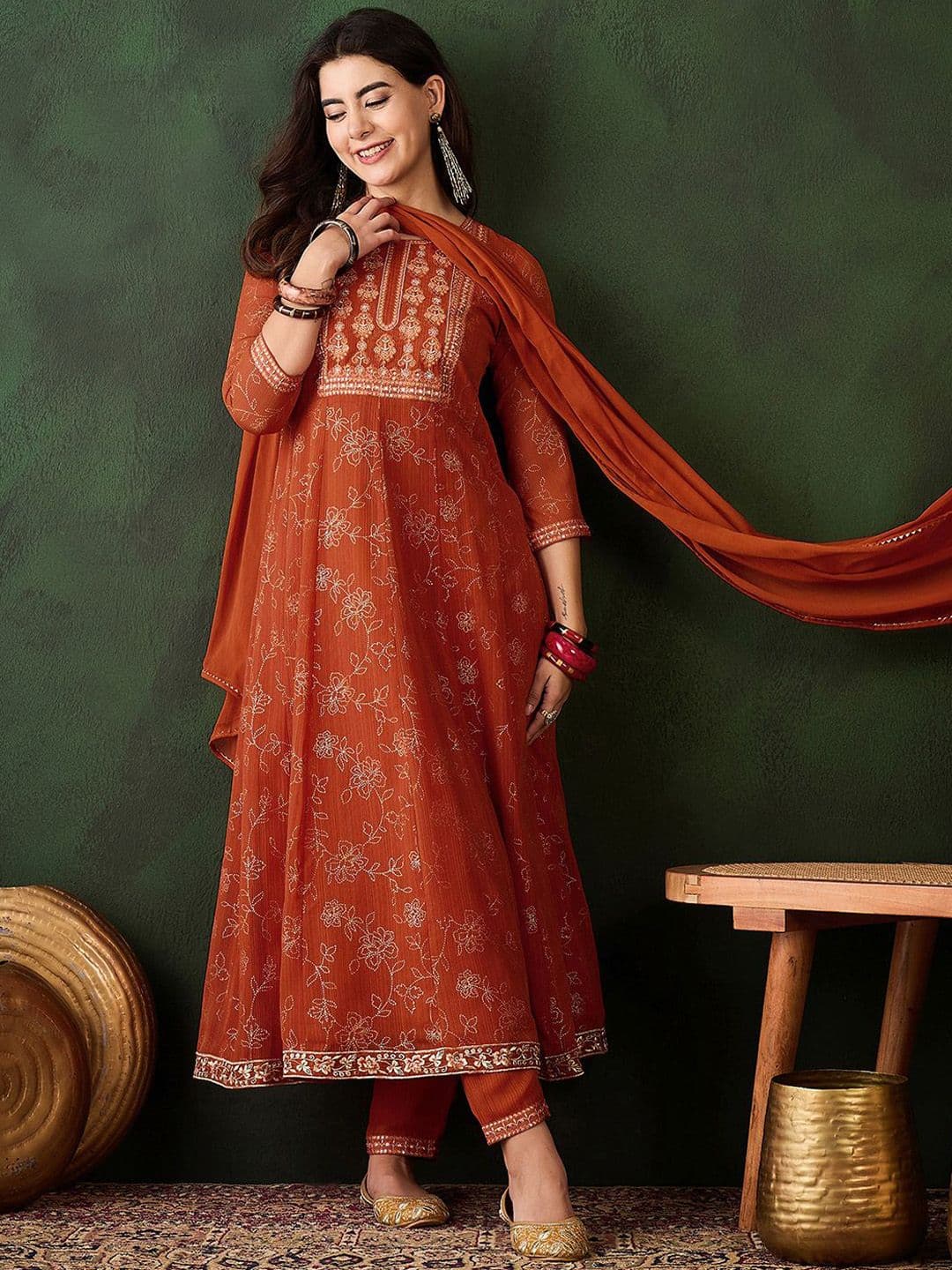 Sangria Floral Printed Zari Anarkali Kurta With Trousers & Dupatta - view 1